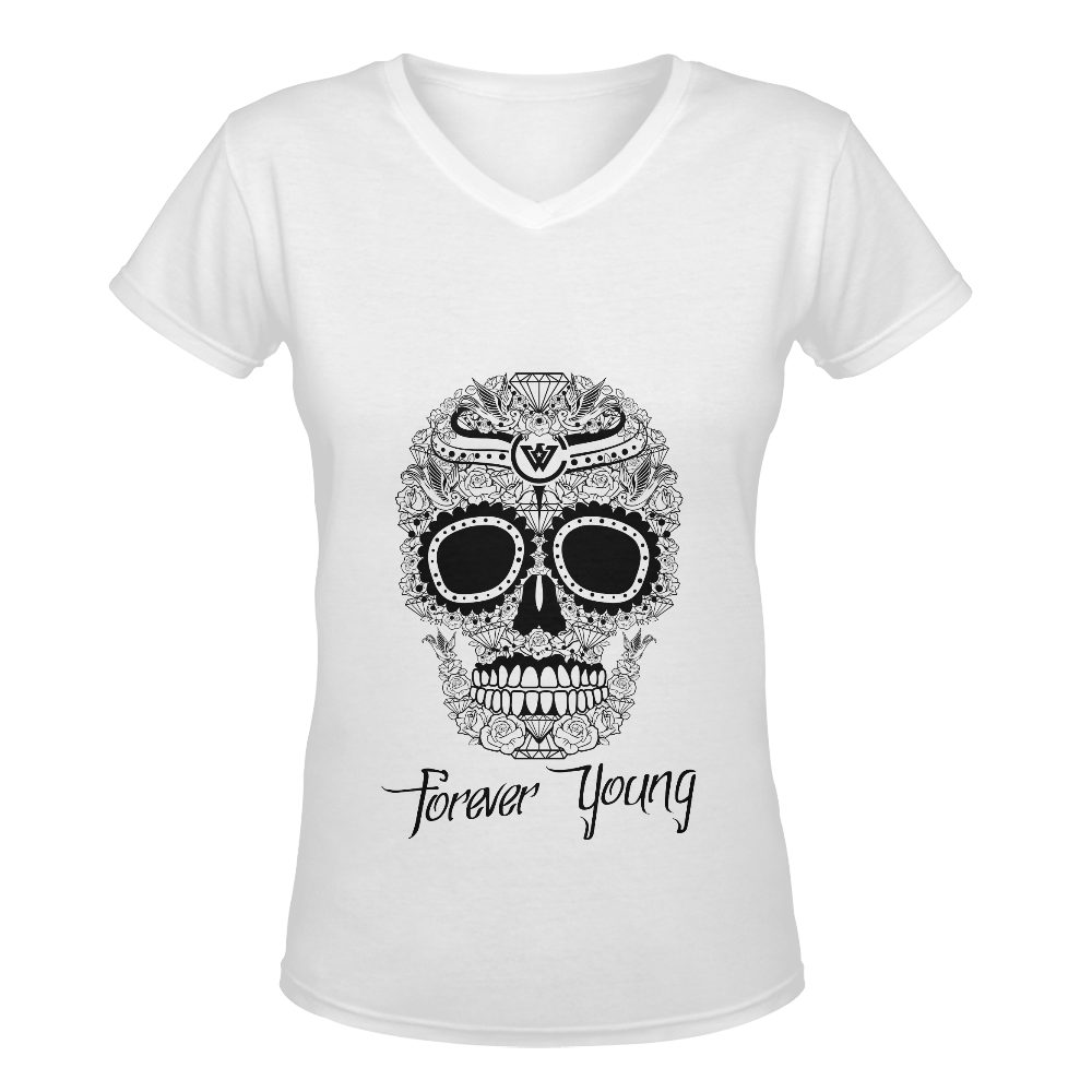 Candy Skull_White Tshirt Women's Deep V-neck T-shirt (Model T19)