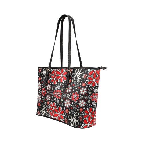 red and white flowers on black background leather bag small Leather Tote Bag/Small (Model 1651)