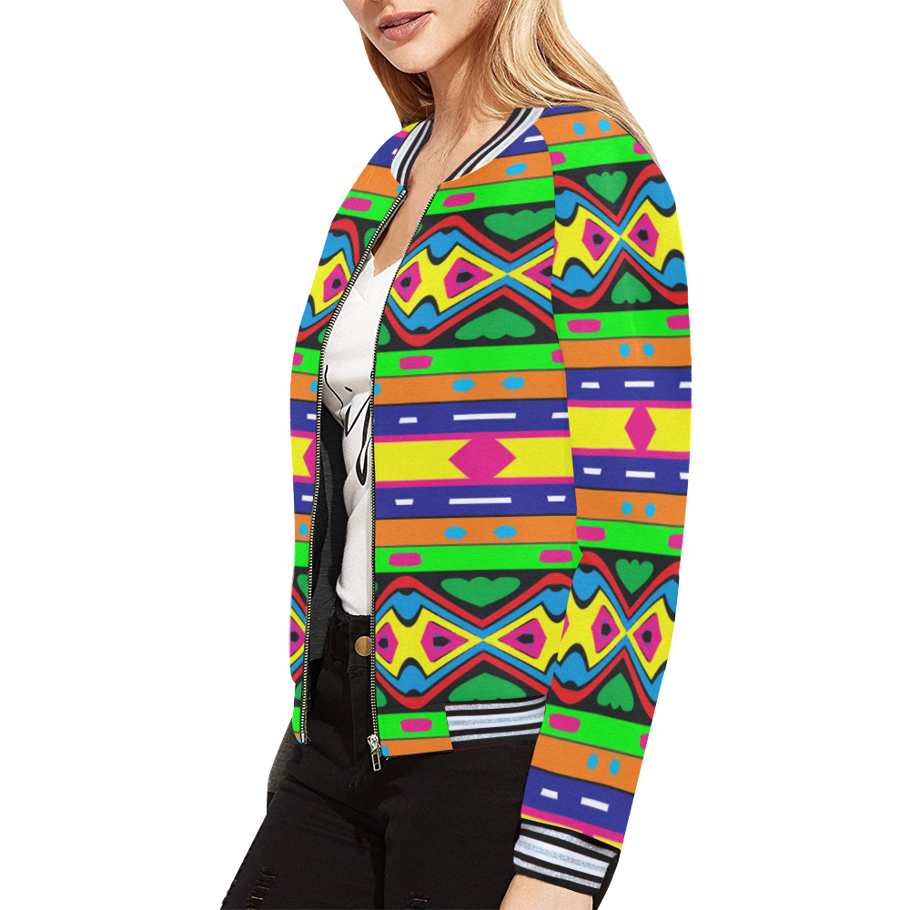 Distorted colorful shapes and stripes All Over Print Bomber Jacket for Women (Model H21)