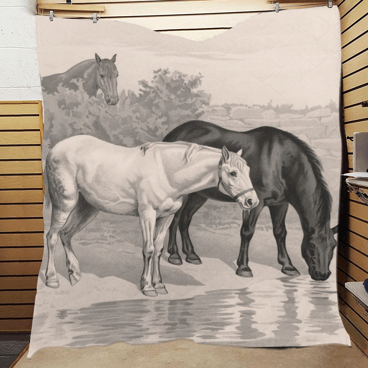 3 horses B&W vintage art, by JamColors Quilt 60"x70"
