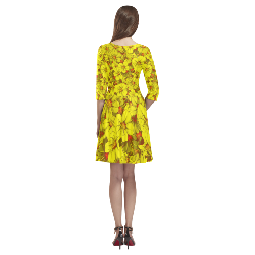Yellow flower pattern Tethys Half-Sleeve Skater Dress(Model D20)