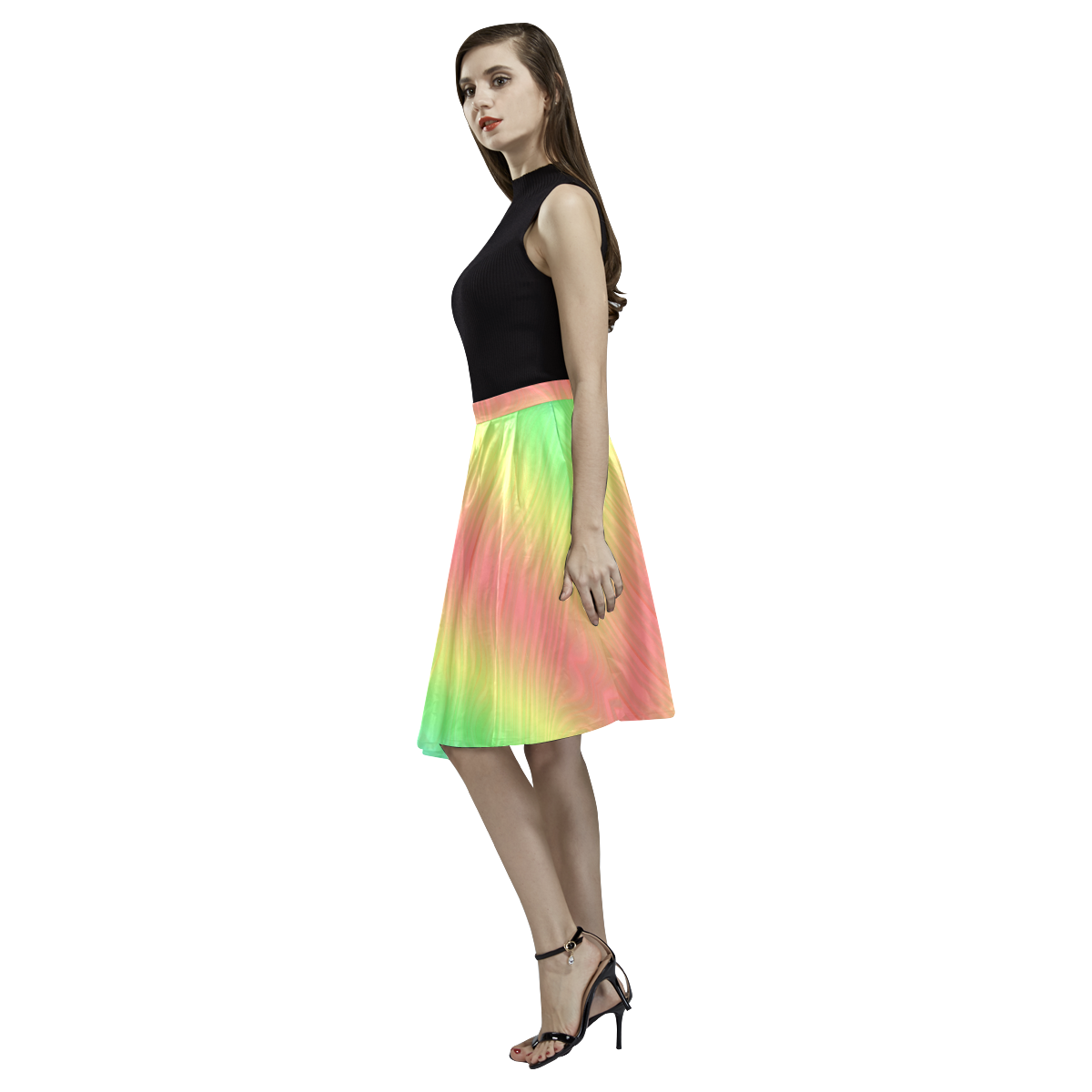 Groovy Pastel Rainbows Melete Pleated Midi Skirt (Model D15)