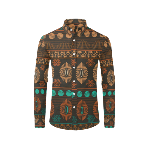 Ethnic Bohemian Brown, Orange, and Teal Men's All Over Print Casual Dress Shirt (Model T61)