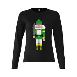 Green Nutcracker Christmas Toy Soldier Black Sunny Women's T-shirt (long-sleeve) (Model T07)