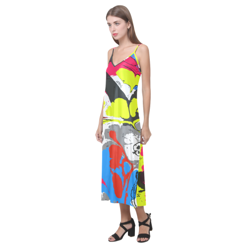 Colorful distorted shapes2 V-Neck Open Fork Long Dress(Model D18)