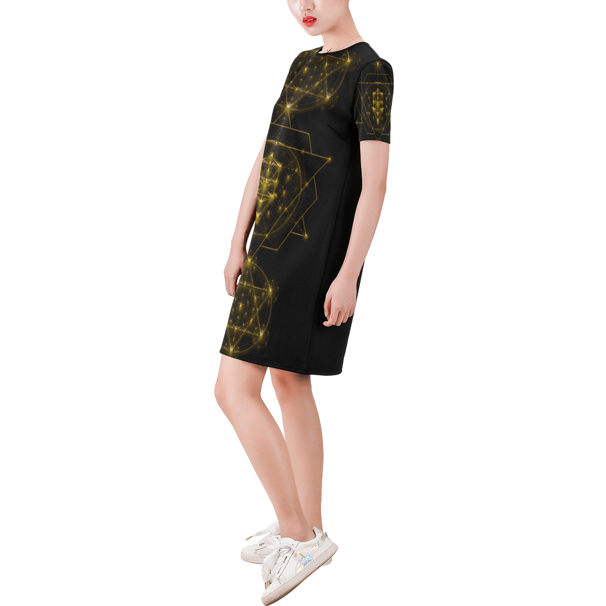 Sacred Geometry Short-Sleeve Round Neck A-Line Dress (Model D47)