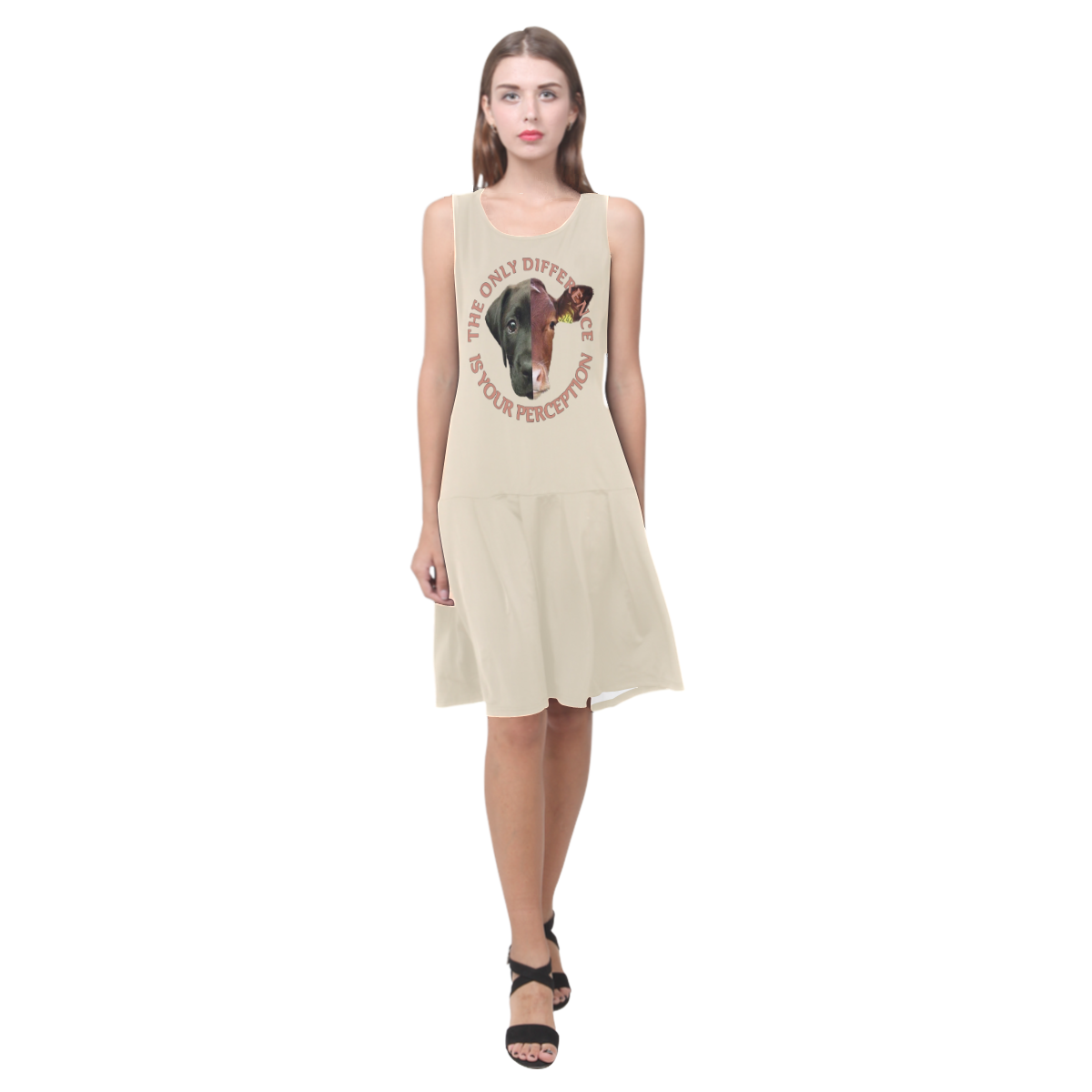 Vegan Cow and Dog Design with Slogan Sleeveless Splicing Shift Dress(Model D17)