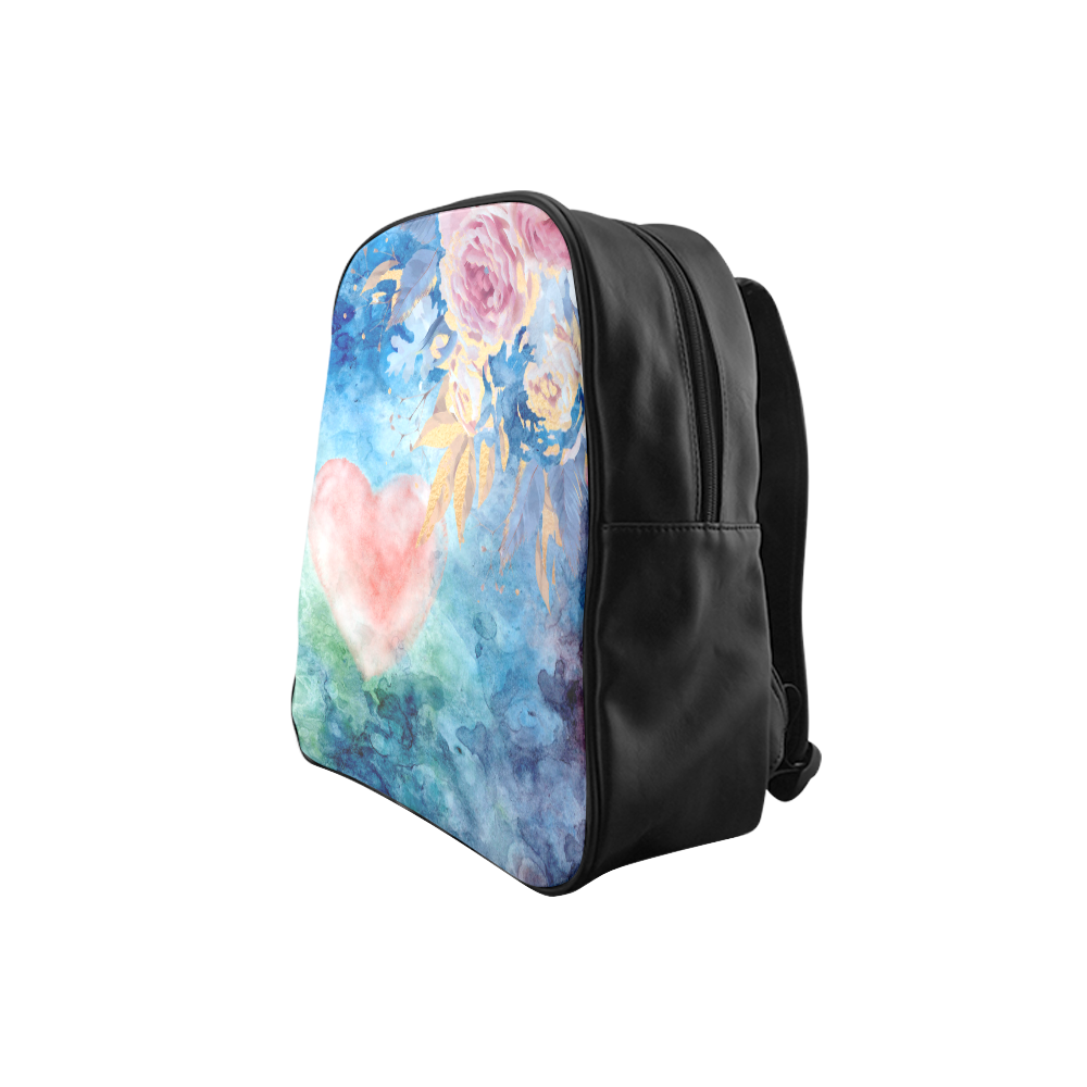 Heart and Flowers - Pink and Blue - Black School Backpack (Model 1601)(Small)