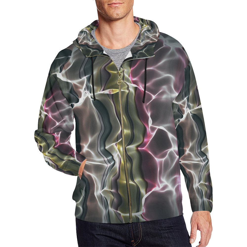 Abstract Wavy Mesh All Over Print Full Zip Hoodie for Men/Large Size (Model H14)