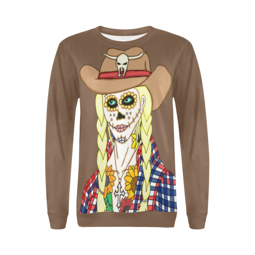 Cowgirl Sugar Skull Brown All Over Print Crewneck Sweatshirt for Women (Model H18)