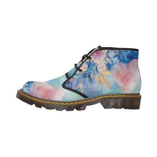 Heart and Flowers - Pink and Blue Women's Canvas Chukka Boots (Model 2402-1)