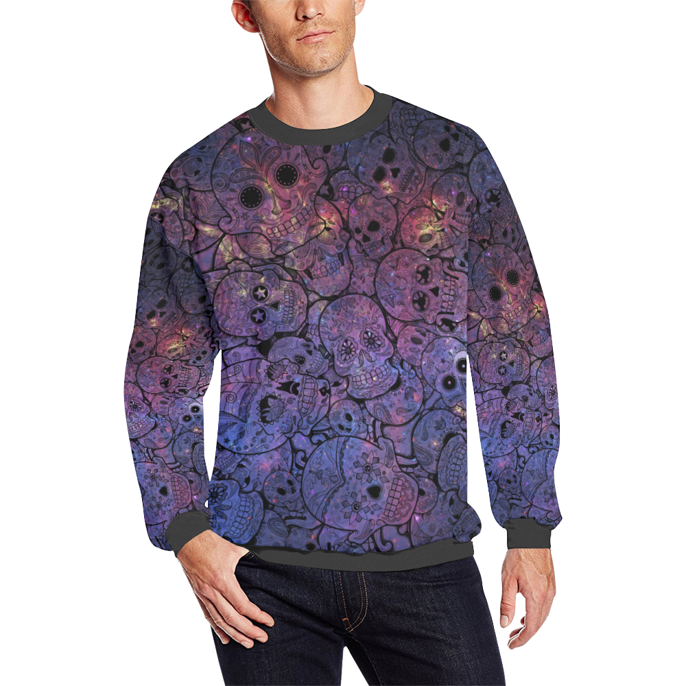 Cosmic Sugar Skulls Men's Oversized Fleece Crew Sweatshirt/Large Size(Model H18)
