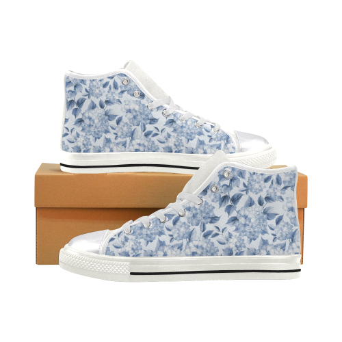 Blue and White Floral Pattern Women's Classic High Top Canvas Shoes (Model 017)