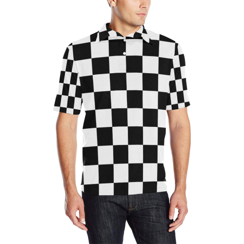 Black White Checkers Men's All Over Print Polo Shirt (Model T55)