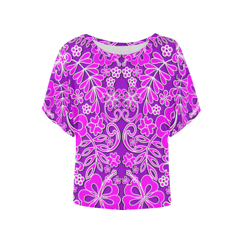 Hibiscus Pink and Purple Pattern Women's Batwing-Sleeved Blouse T shirt (Model T44)
