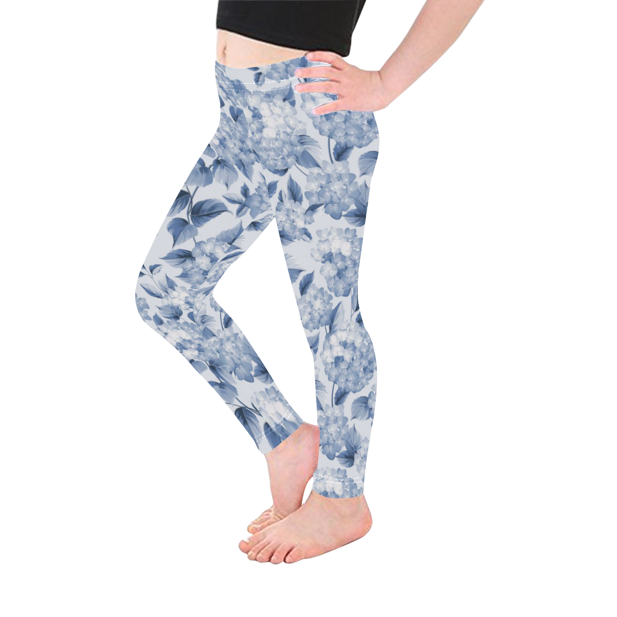 Blue and White Floral Pattern Kid's Ankle Length Leggings (Model L06)