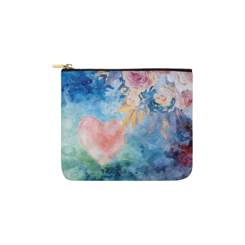Heart and Flowers - Pink and Blue Carry-All Pouch 6''x5''