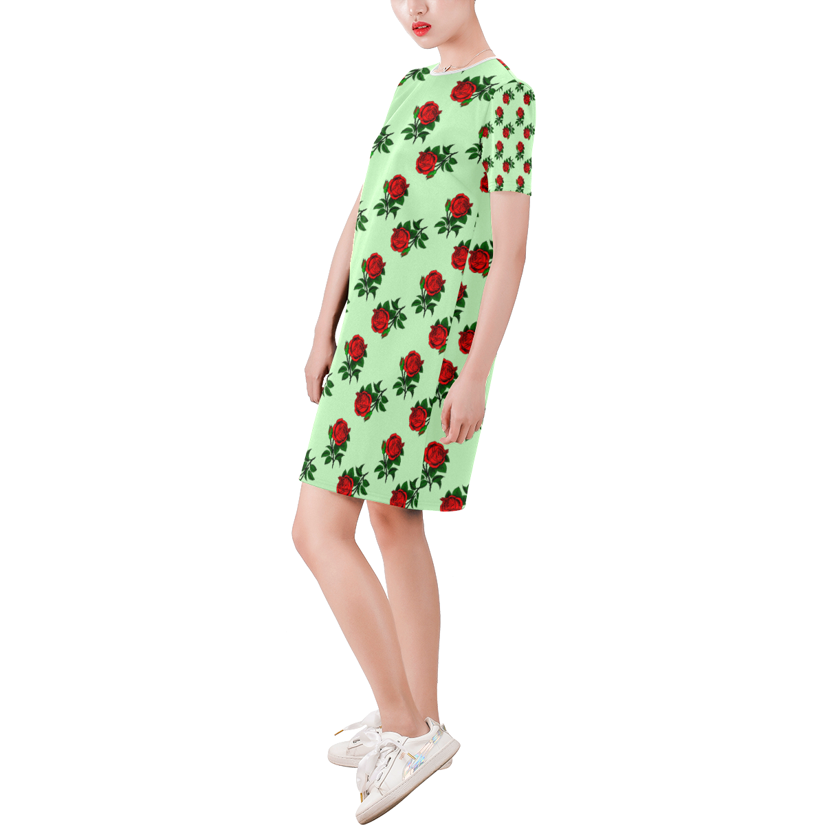 red roses green Short-Sleeve Round Neck A-Line Dress (Model D47)