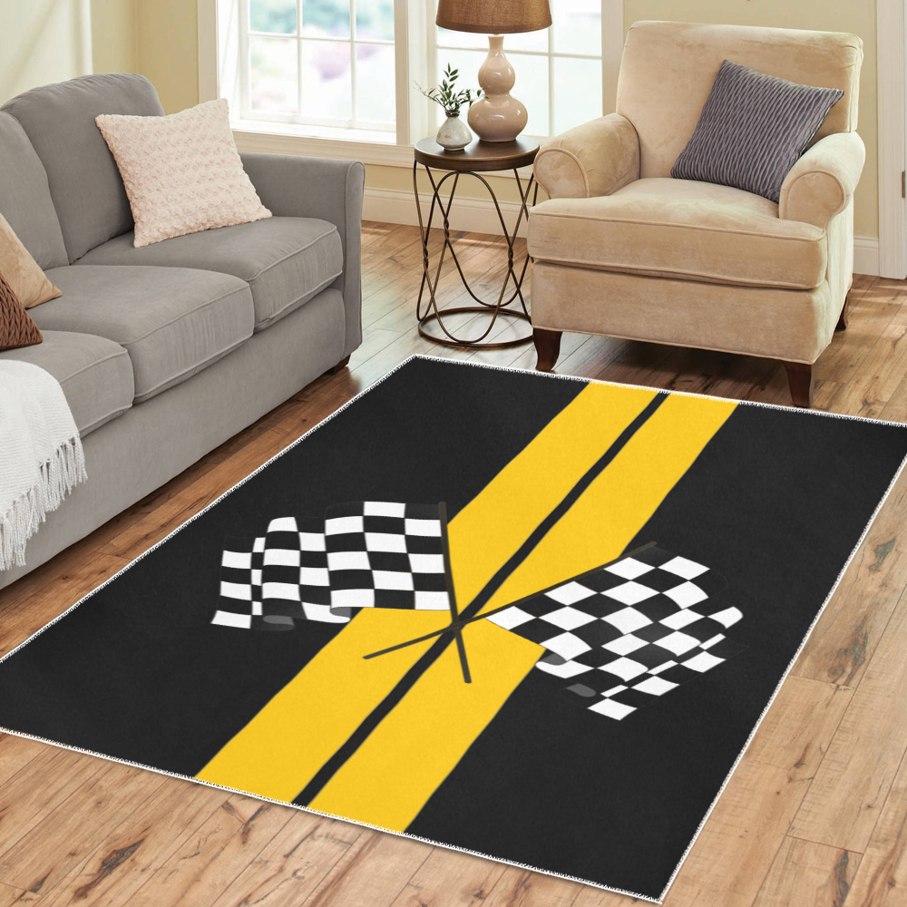 Checkered Flags, Race Car Stripe Black and Yellow Area Rug7'x5'