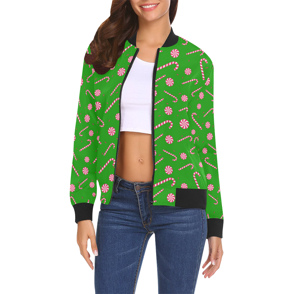 Candy CANE CHRISTMAS Pattern GREEN All Over Print Bomber Jacket for Women (Model H19)