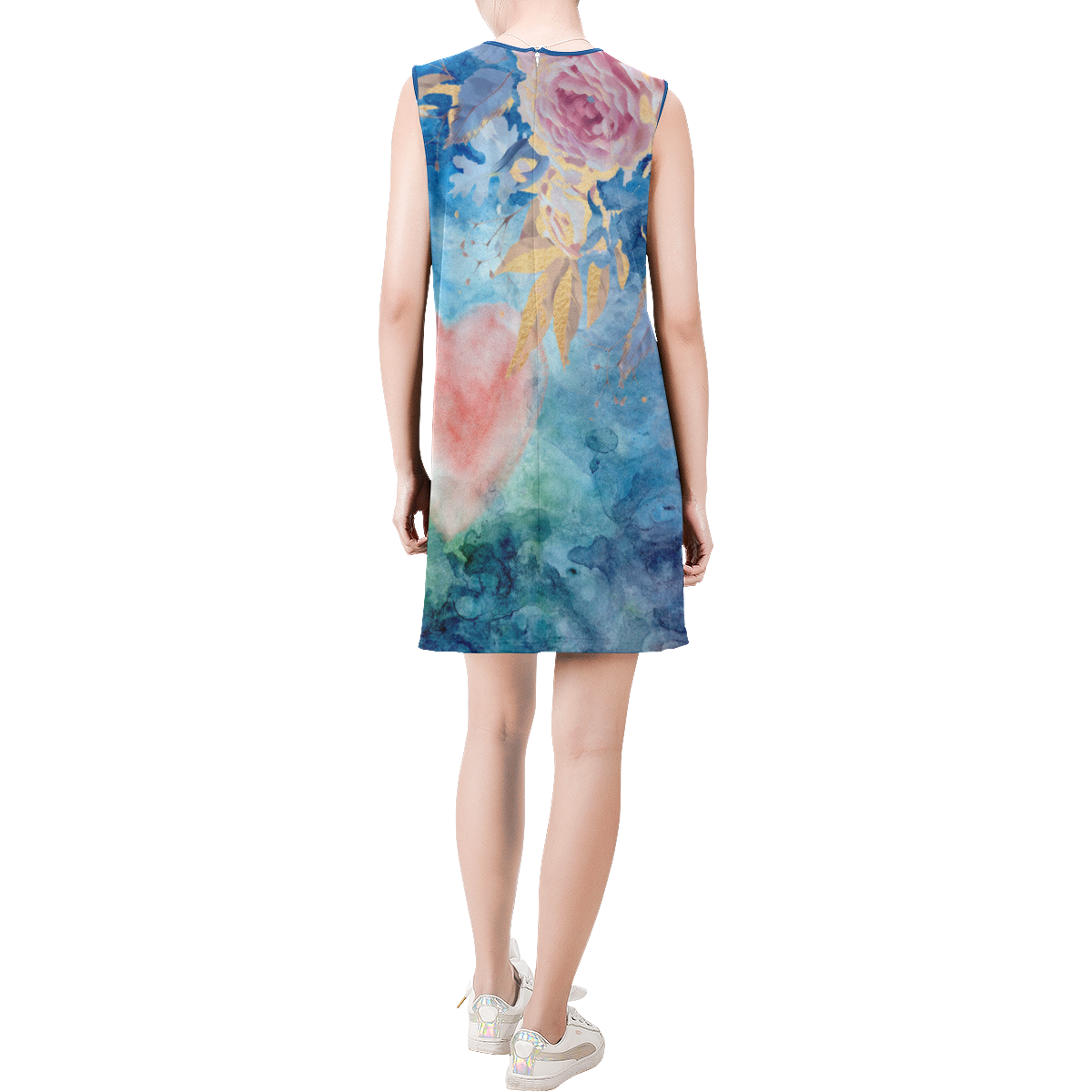 Heart and Flowers - Pink and Blue Sleeveless Round Neck Shift Dress (Model D51)