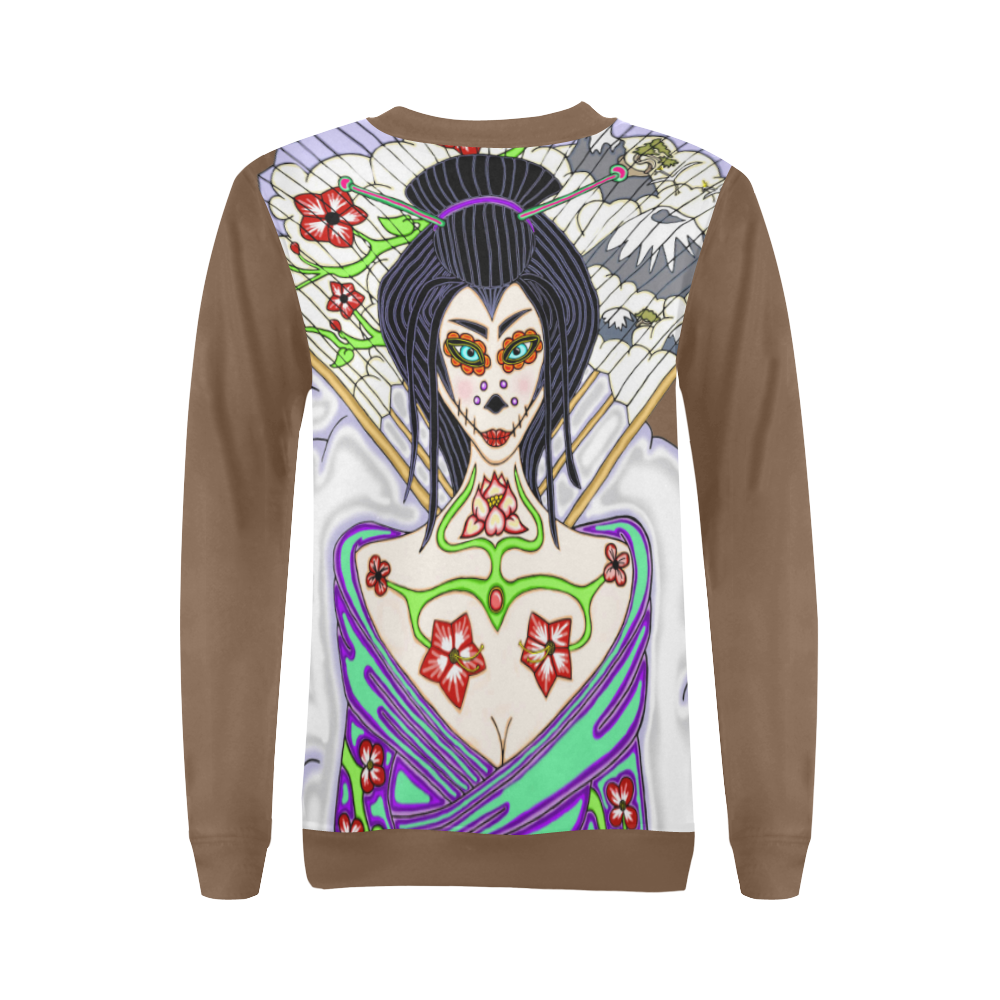 Geisha Sugar Skull Brown All Over Print Crewneck Sweatshirt for Women (Model H18)
