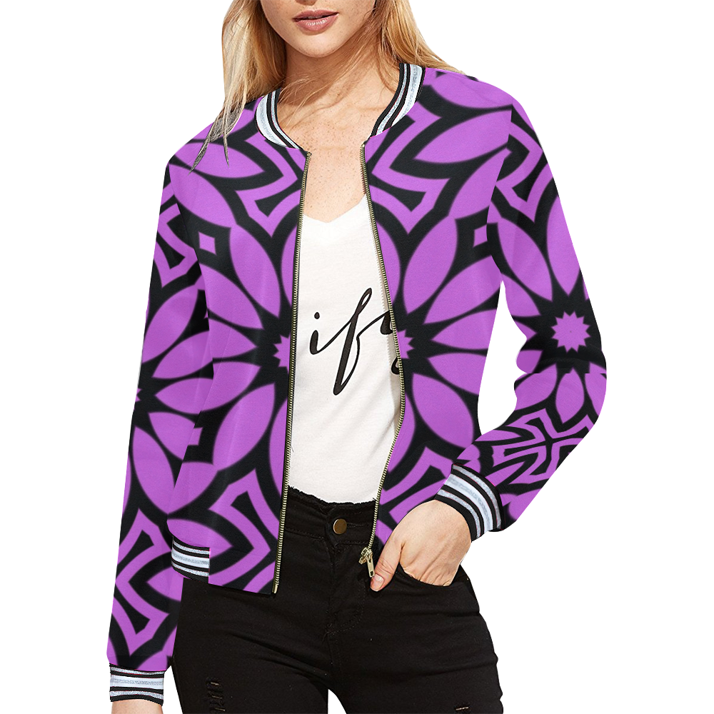 Purple/Black Flowery Pattern All Over Print Bomber Jacket for Women (Model H21)