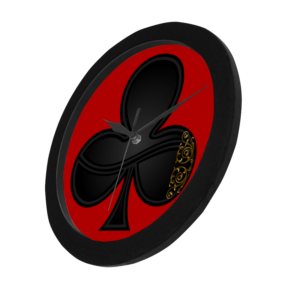 Club Las Vegas Symbol Playing Card Shape (Red/Black Frame) Circular Plastic Wall clock