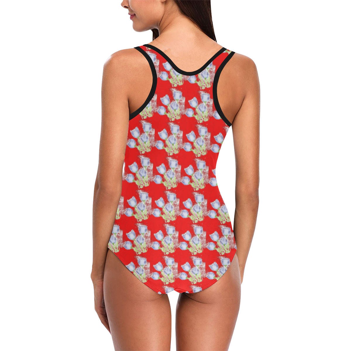 Red Swimming Costume with Lilac Coloured Blooms Vest One Piece Swimsuit (Model S04)