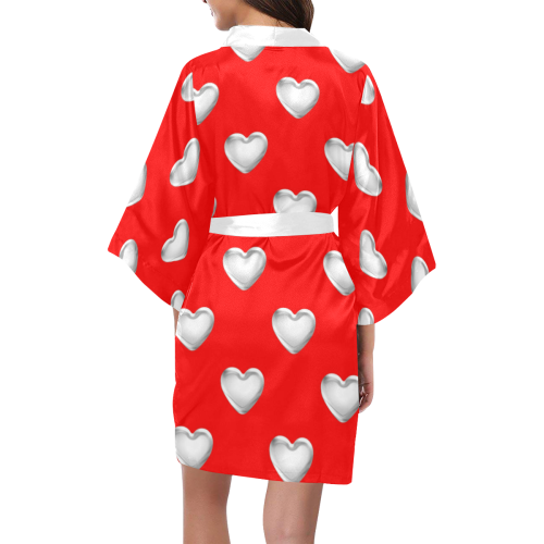 Silver 3-D Look Valentine Love Hearts on Red Kimono Robe