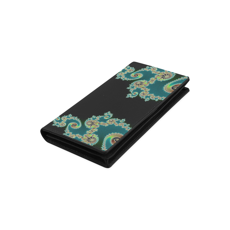 Aqua and Black  Hearts Lace Fractal Abstract Women's Leather Wallet (Model 1611)