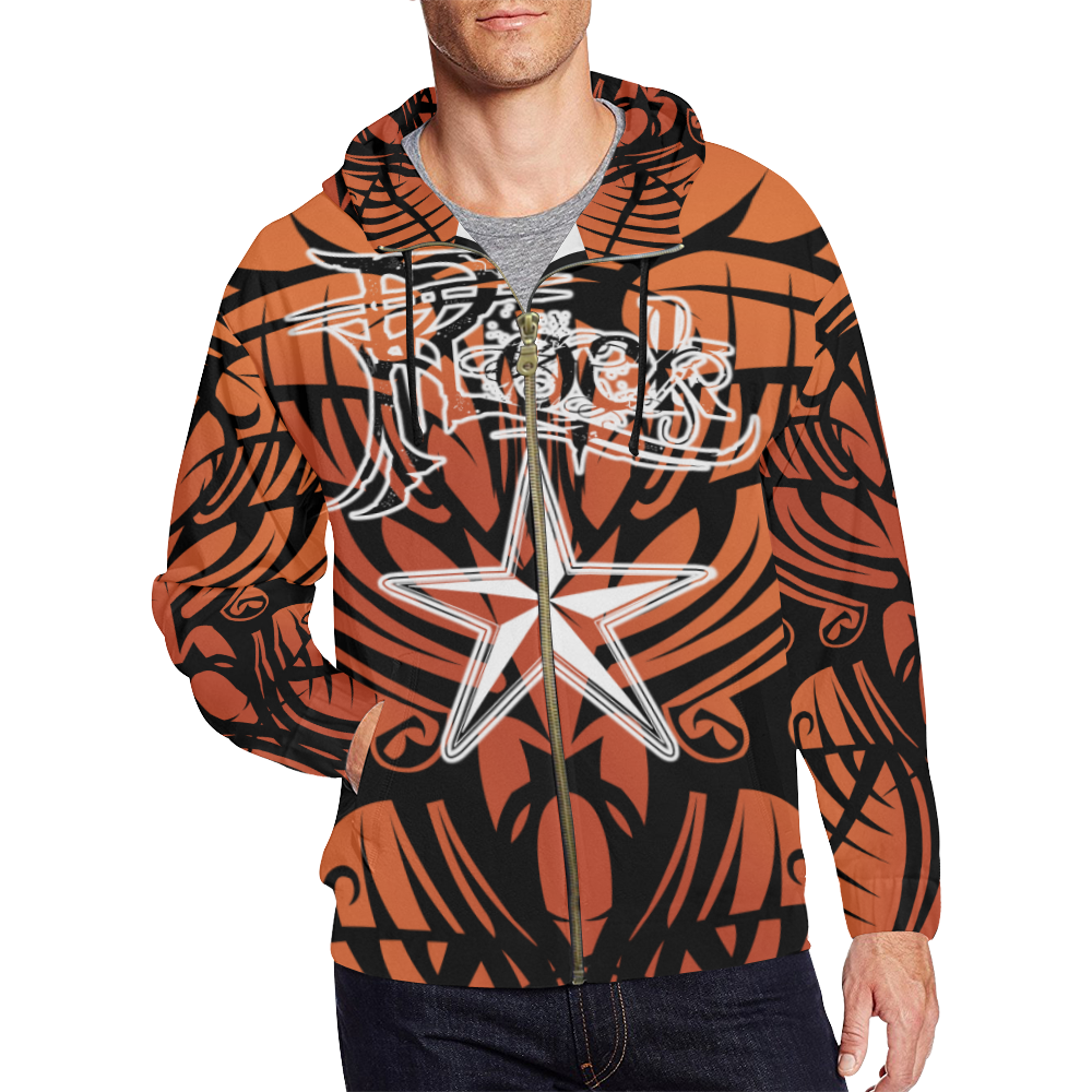 Orange Tribal Rock Star Hoodie All Over Print Full Zip Hoodie for Men (Model H14)