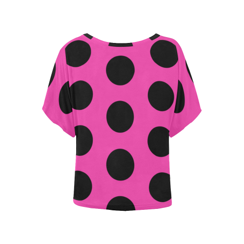 black polka dots Women's Batwing-Sleeved Blouse T shirt (Model T44)