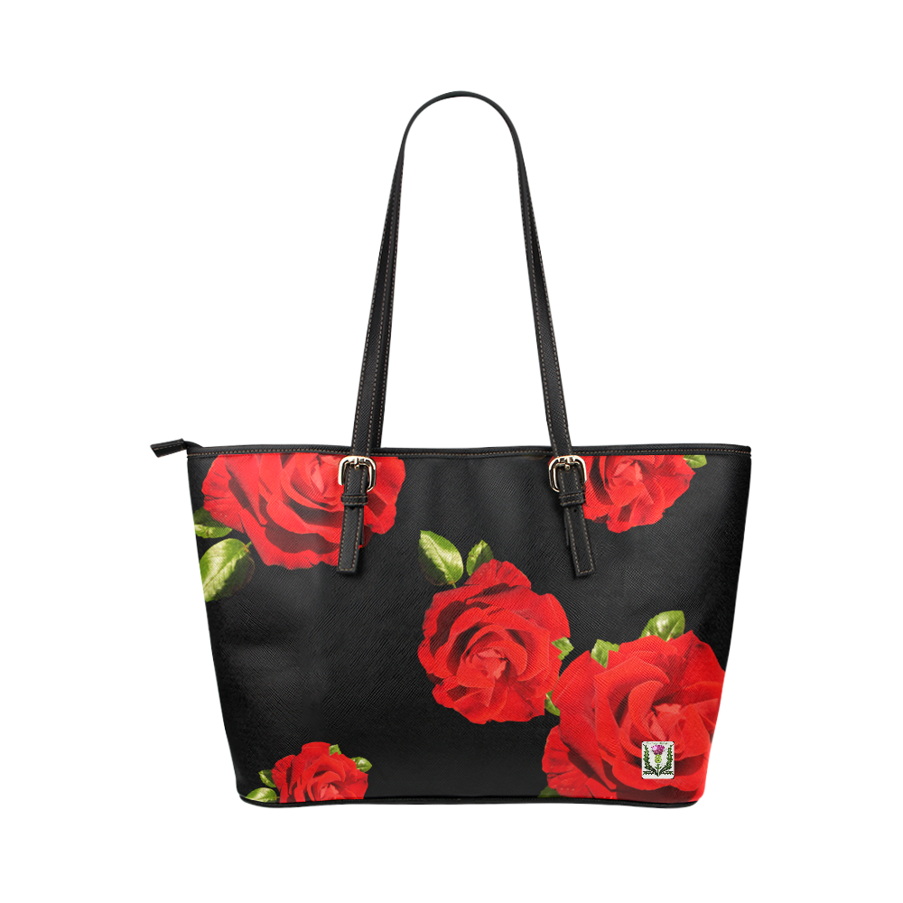 Fairlings Delight's Black Luxury Collection- Red Rose Handbag 53086b Leather Tote Bag/Large (Model 1651)