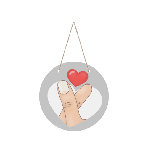 Finger Heart on Silver Round Wood Door Hanging Sign