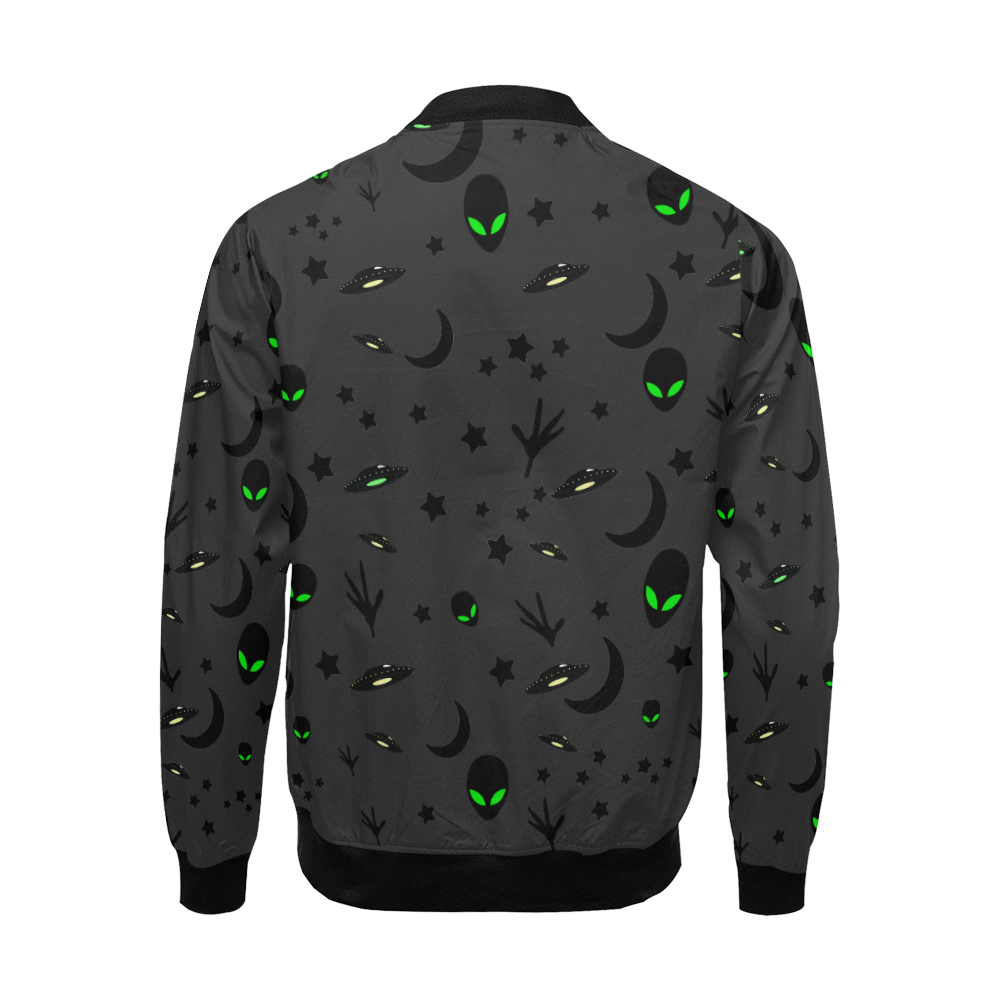 Alien Flying Saucers Stars Pattern on Charcoal All Over Print Bomber Jacket for Men (Model H19)