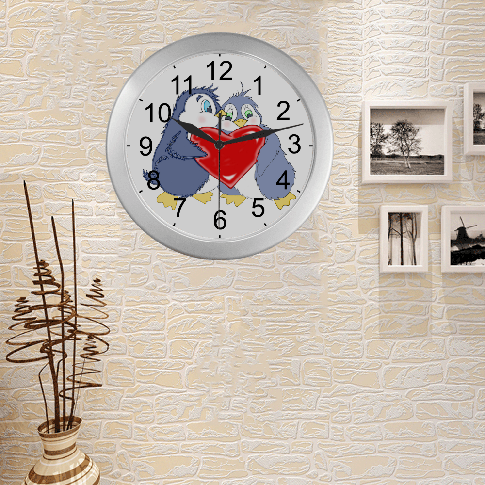 Penguin Love Silver Color Wall Clock