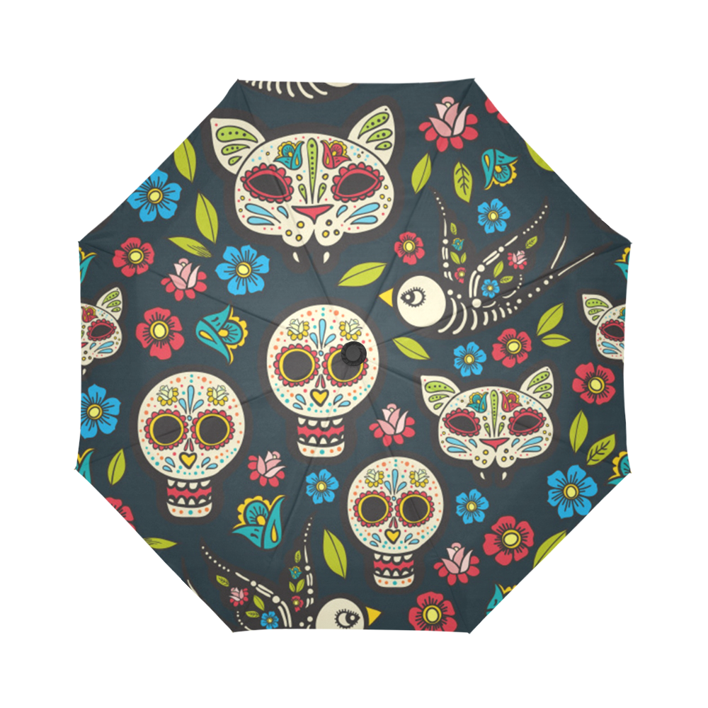 Sugar Skulls And Flowers Pattern Auto-Foldable Umbrella (Model U04)