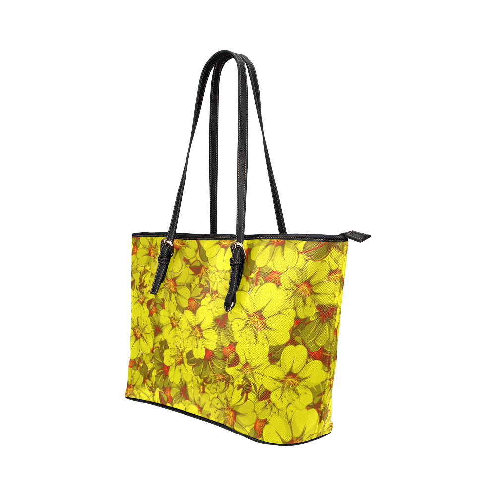 Yellow flower pattern Leather Tote Bag/Small (Model 1651)