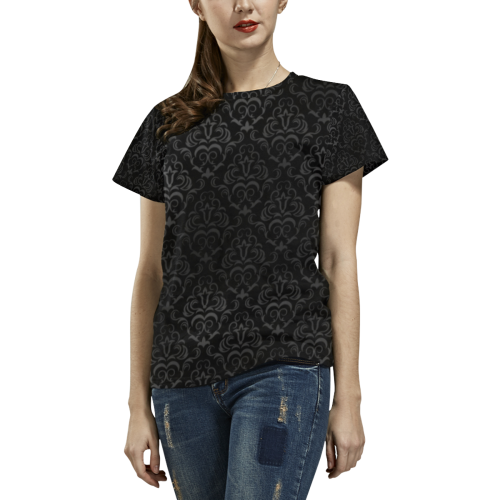 Elegant vintage floral damasks in  gray and black All Over Print T-Shirt for Women (USA Size) (Model T40)