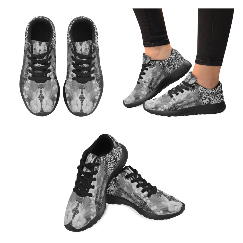 spanish lace black and white Women’s Running Shoes (Model 020)