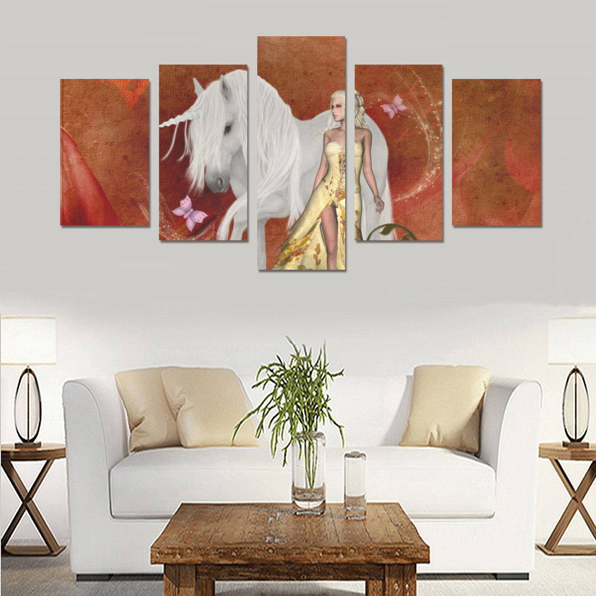 Unicorn with fairy and butterflies Canvas Print Sets C (No Frame)