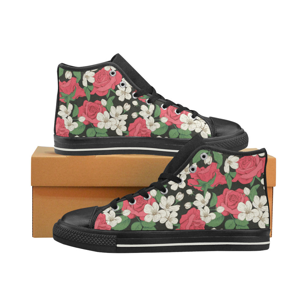 Pink, White and Black Floral High Top Canvas Women's Shoes/Large Size (Model 017)