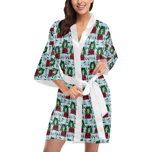 girl with green hair pattern blue floral Kimono Robe