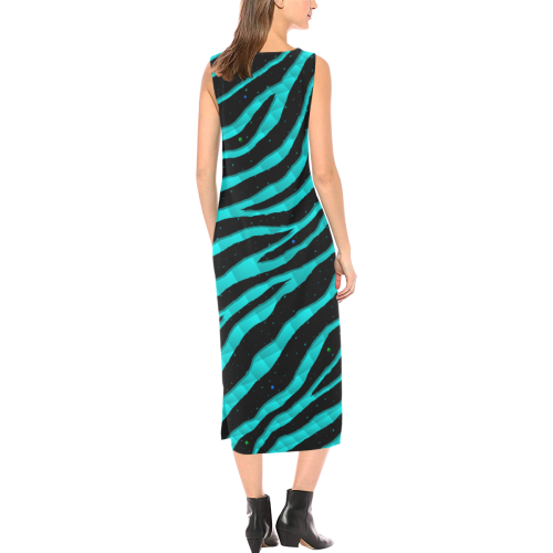Ripped SpaceTime Stripes - Cyan Phaedra Sleeveless Open Fork Long Dress (Model D08)