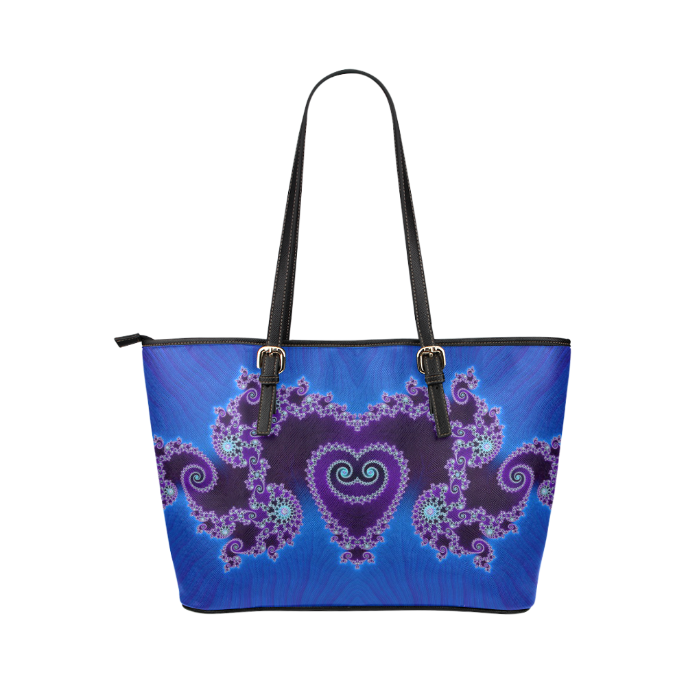 Blue Hearts and Lace Fractal Abstract 2 Leather Tote Bag/Small (Model 1651)