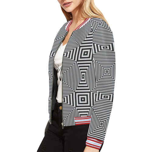 Striped geometric pattern Red Edging Version All Over Print Bomber Jacket for Women (Model H21)