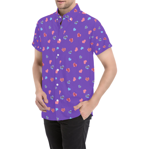 Pink-Blue Hearts-Wild Thing-Hot Stuff on Purple Men's All Over Print Short Sleeve Shirt (Model T53)