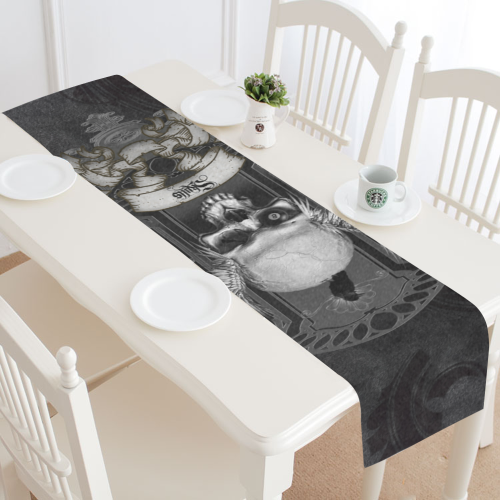 Skull with crow in black and white Table Runner 14x72 inch