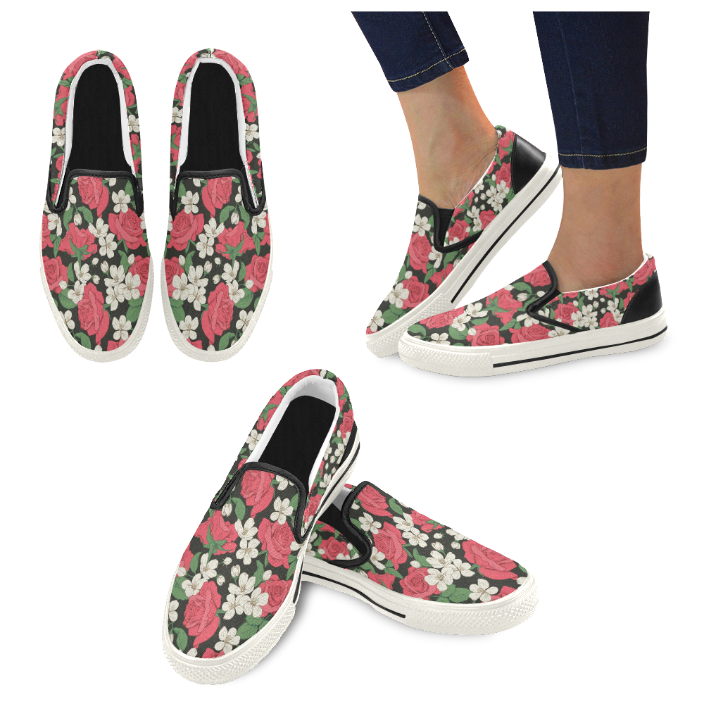Pink, White and Black Floral Men's Slip-on Canvas Shoes (Model 019)